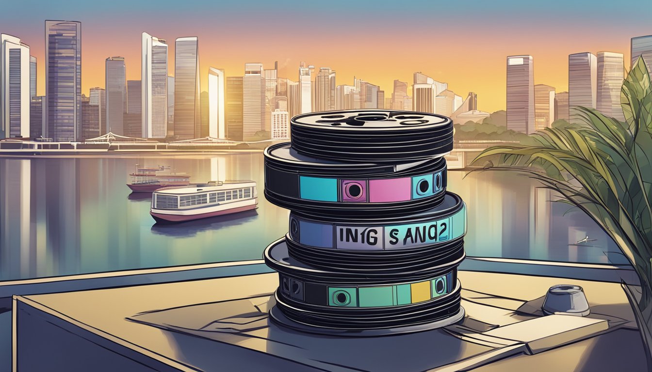 A stack of film reels with "Frequently Asked Questions" written on them, set against a backdrop of the Singapore skyline