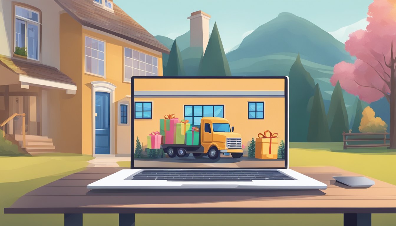 A hand reaches for a gift hamper on a computer screen. A delivery truck waits outside a cozy home