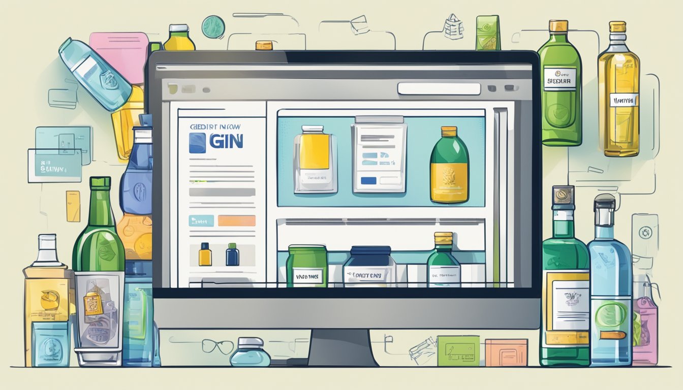 A computer screen displaying a website with a variety of gin bottles, a "buy now" button, and a credit card ready for payment