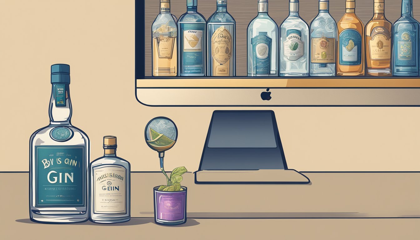 A hand reaches for a bottle of gin on a virtual shelf with various options displayed on a computer screen. The "buy now" button is highlighted