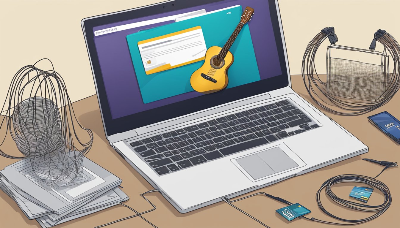 A laptop open to a webpage titled "Frequently Asked Questions buy guitar strings online" with a stack of guitar strings and a credit card nearby
