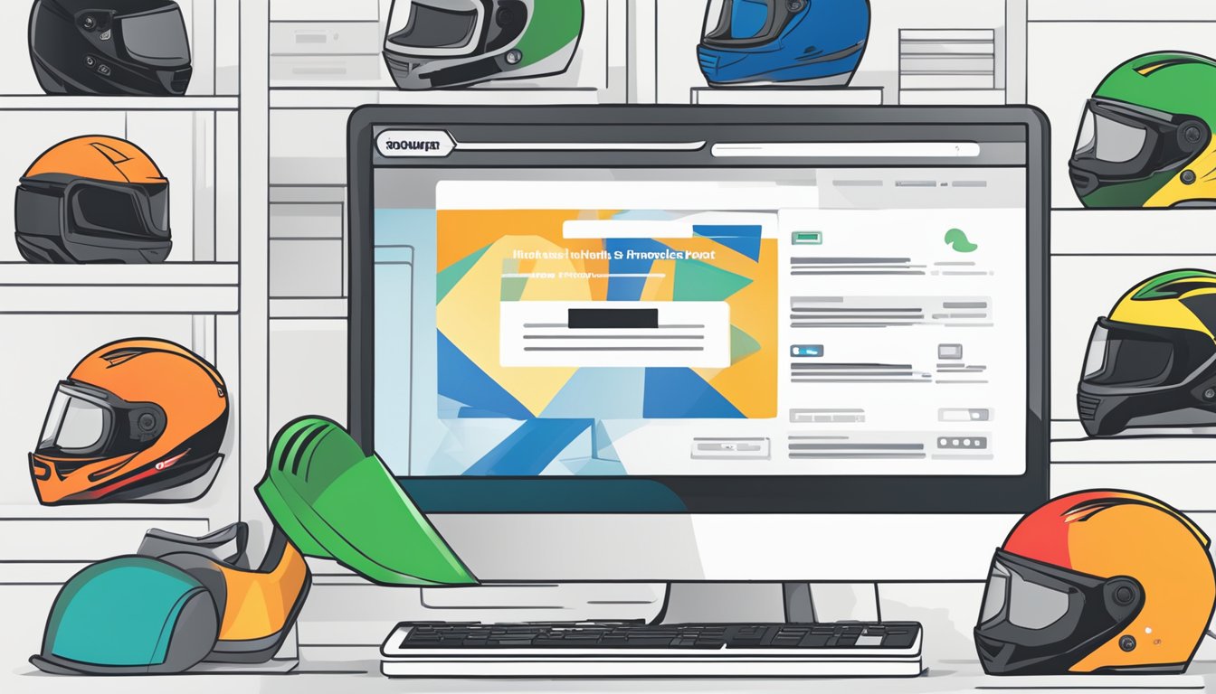 A computer with a browser open to a helmet retailer's website, showing the option to purchase a helmet online in Singapore