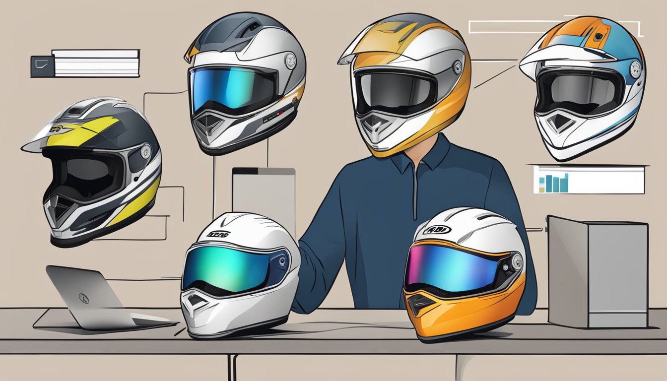 Customers browsing a variety of helmets online, with a FAQ section visible on the screen