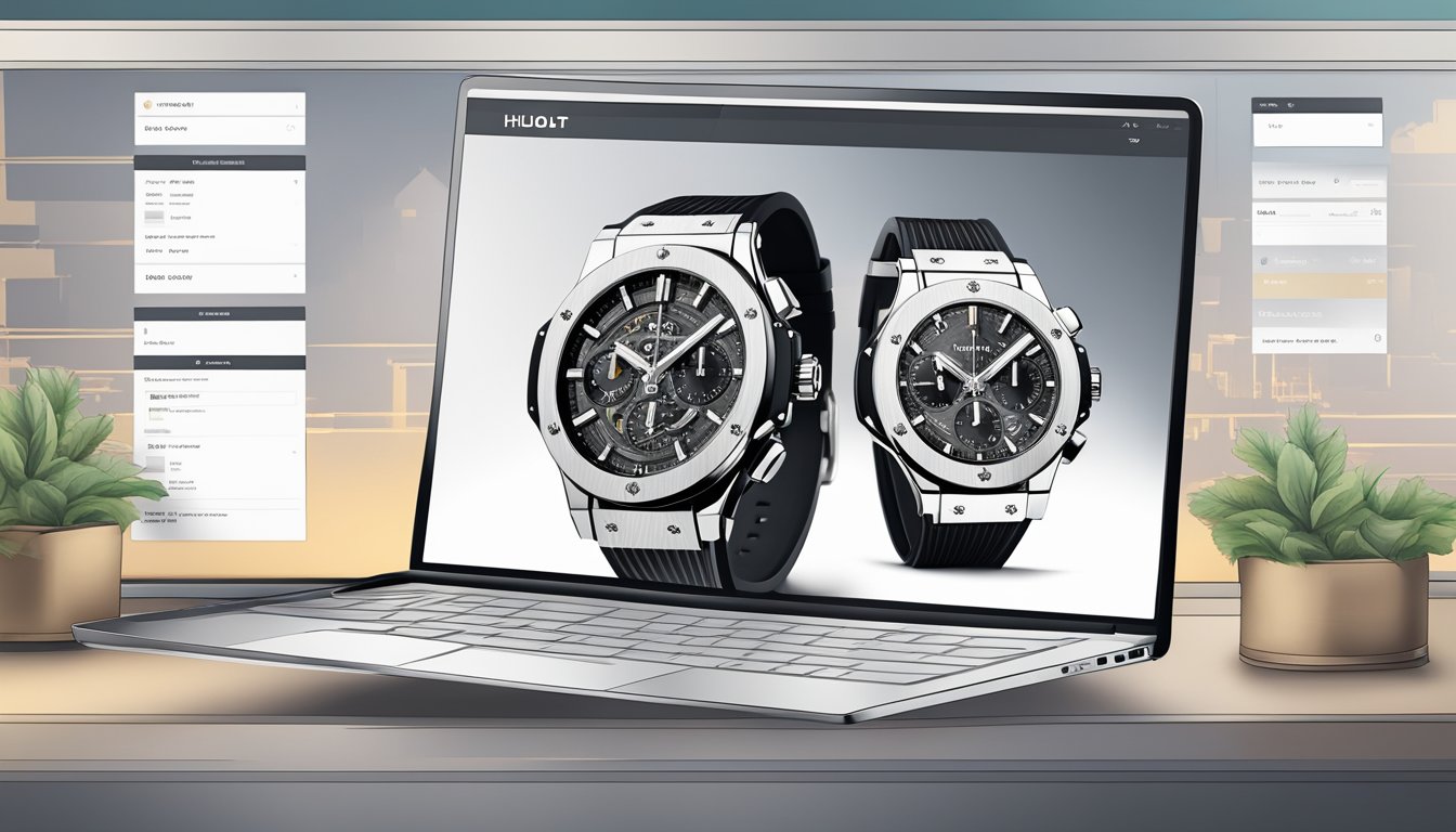 A computer screen displaying a sleek Hublot watch on a stylish website, with easy-to-use navigation and a secure checkout process