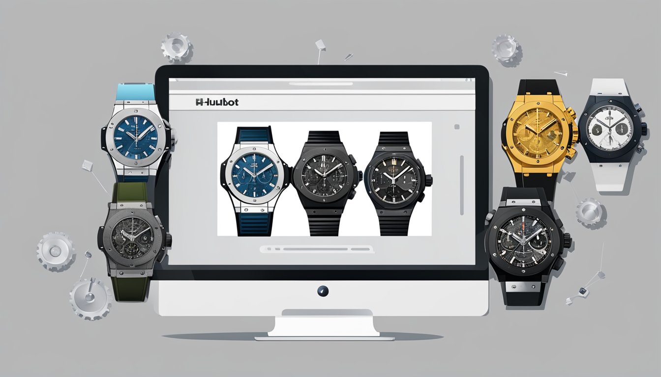 A computer screen displays an online store with various Hublot watches for sale. A cursor hovers over the "buy now" button