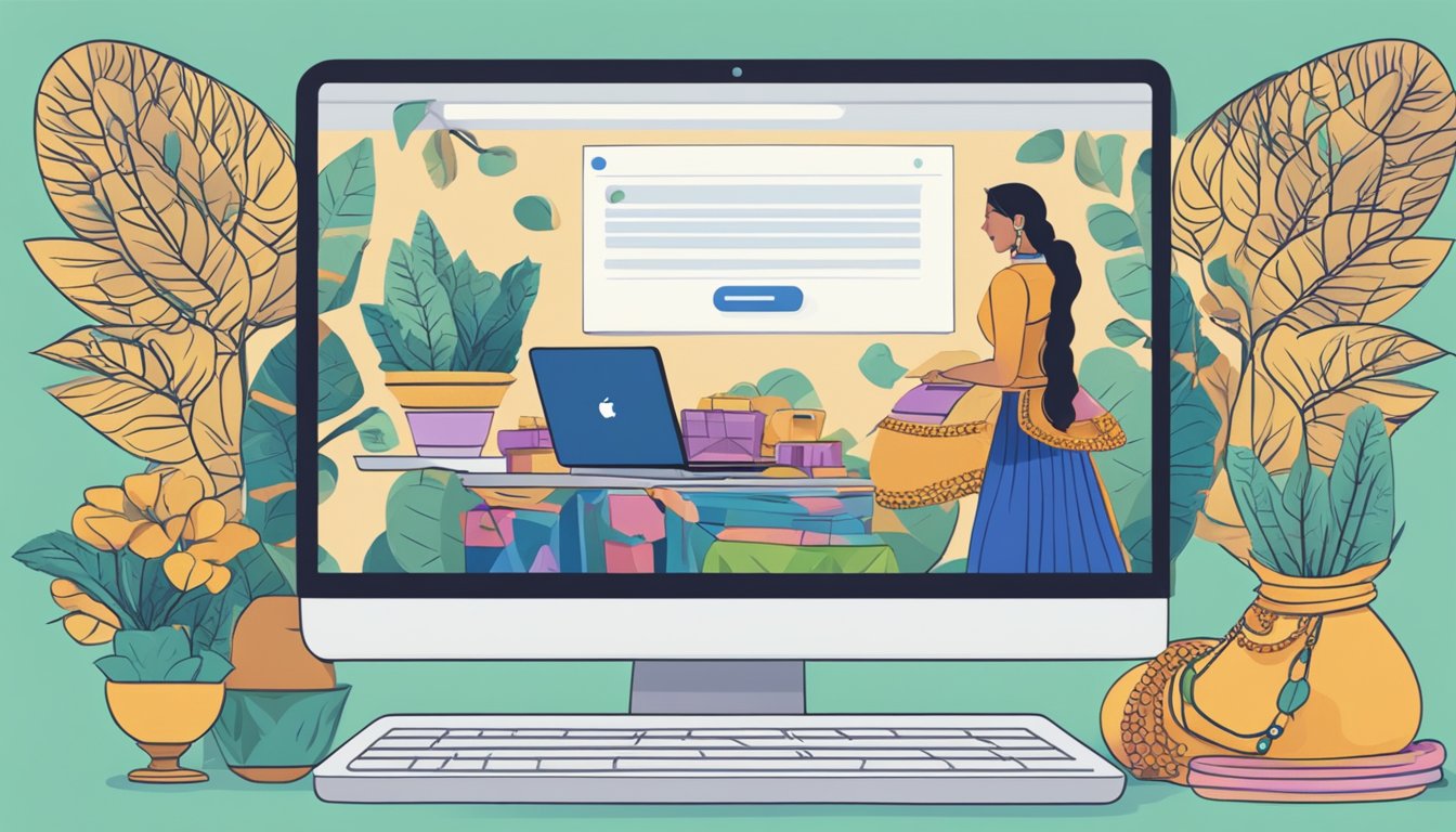 A laptop displaying a website with "Frequently Asked Questions" about buying Indian dresses online. A woman's hand hovers over the mouse, ready to click