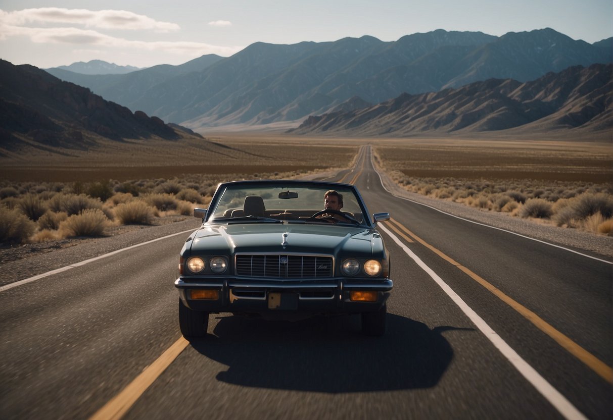 A tourist drives a rental car on a wide, empty road in the USA, surrounded by vast landscapes and distant mountains