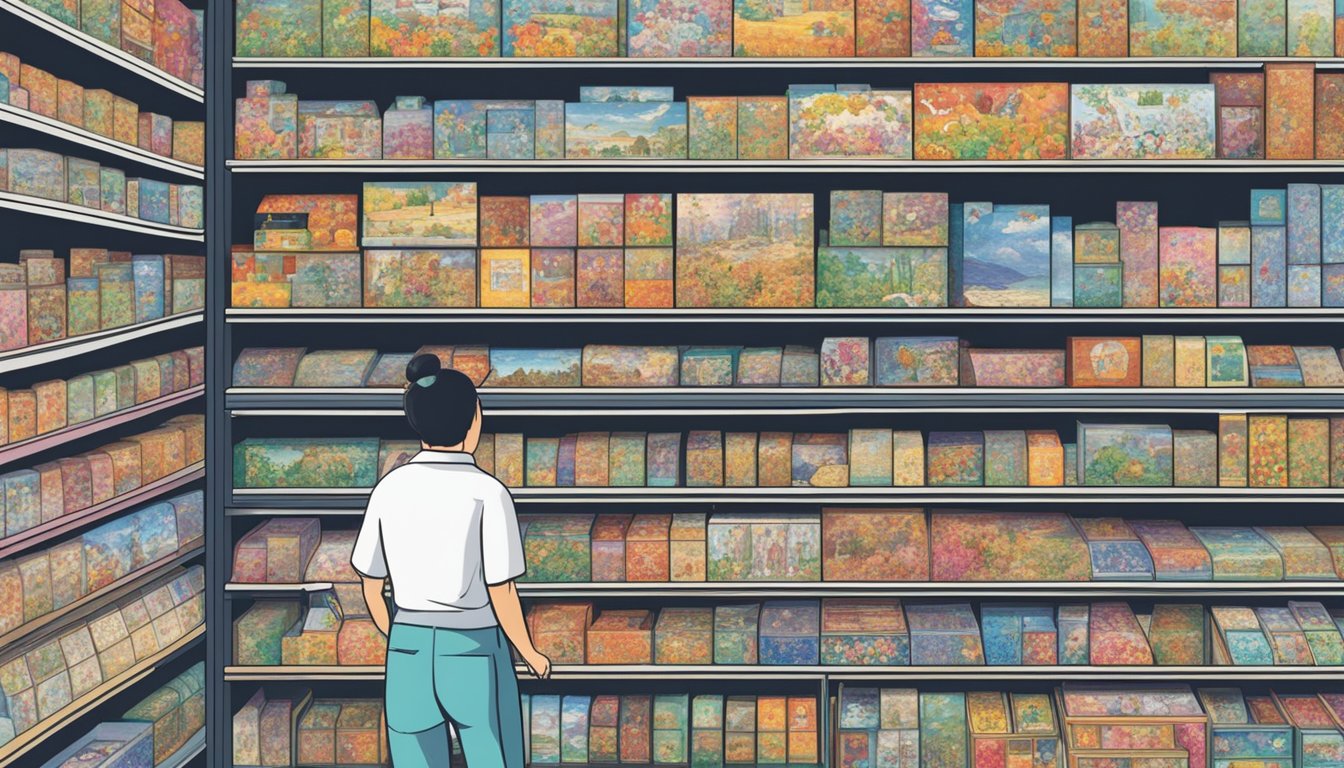 A person browsing shelves of jigsaw puzzles in a Singaporean store