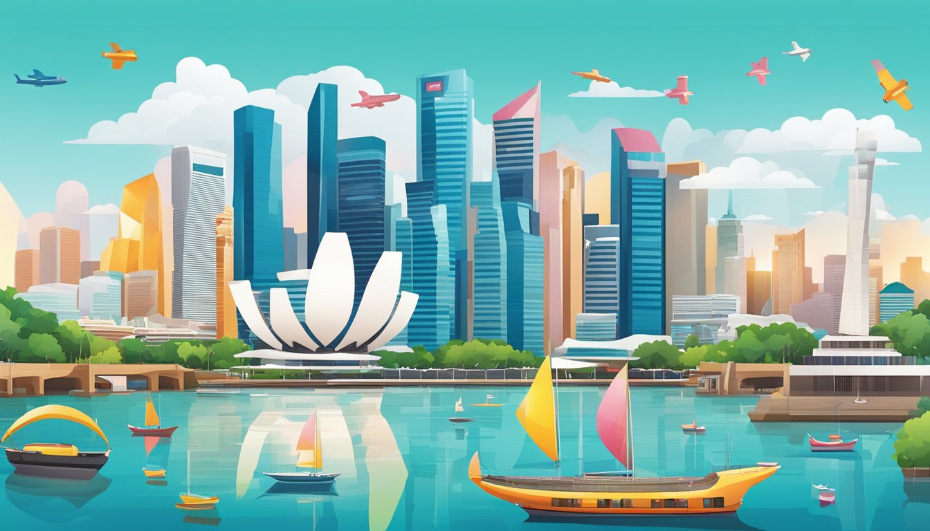 A colorful jigsaw puzzle spread out on a table with the iconic skyline of Singapore in the background