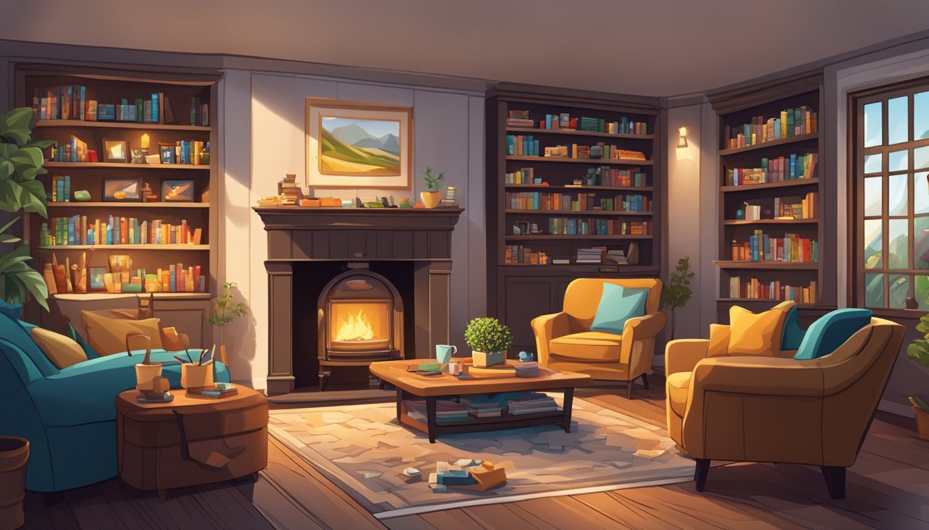 A cozy living room with a crackling fireplace, a large jigsaw puzzle spread out on a coffee table, surrounded by comfy chairs and shelves of board games