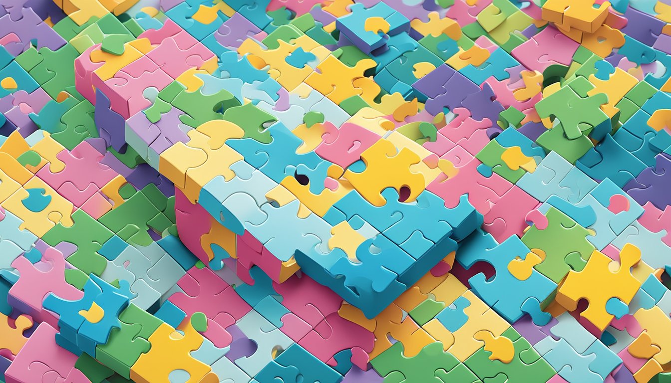 A stack of jigsaw puzzles with "Frequently Asked Questions" printed on the box, surrounded by various puzzle pieces and a Singaporean backdrop