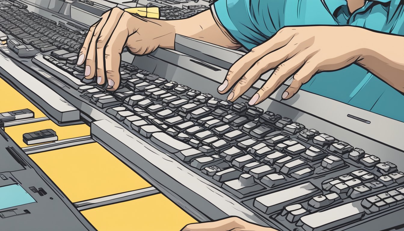 A hand reaches out to purchase a keyboard in a bustling Singapore electronics store