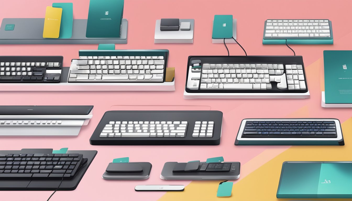 A collection of sleek, modern keyboards displayed in a well-lit store in Singapore, showcasing the latest technology and design