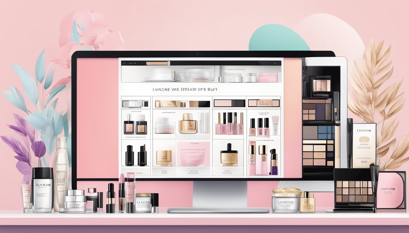 A computer screen displaying the Lancome website with a variety of products and a "buy now" button highlighted