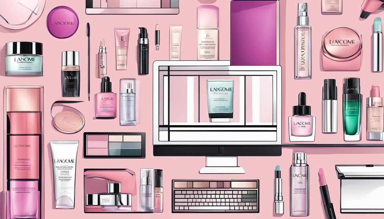 A laptop displaying the Lancôme website, with a variety of products and a secure checkout process