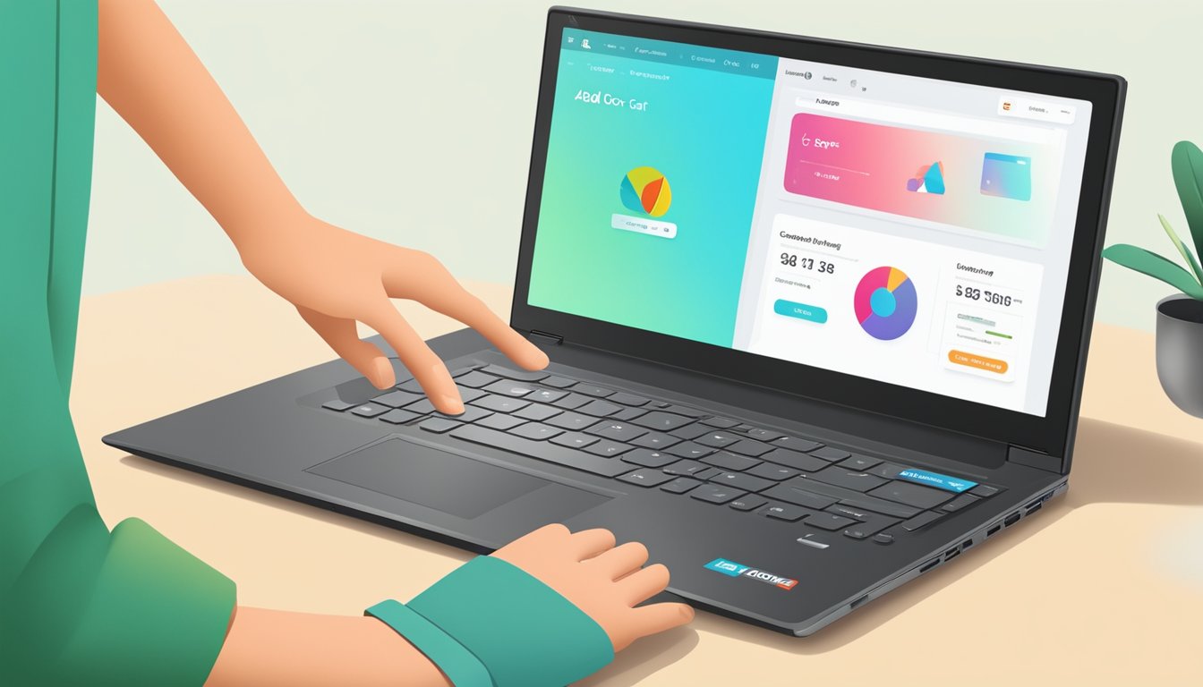 A hand clicks "Add to Cart" on a Lenovo laptop website. The screen displays a confirmation of the purchase