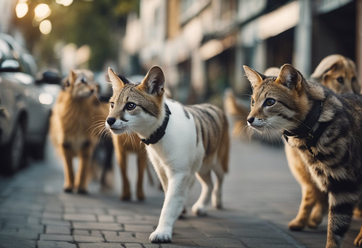 A group of street animals avoiding poisoned food, seeking protection from poisoning