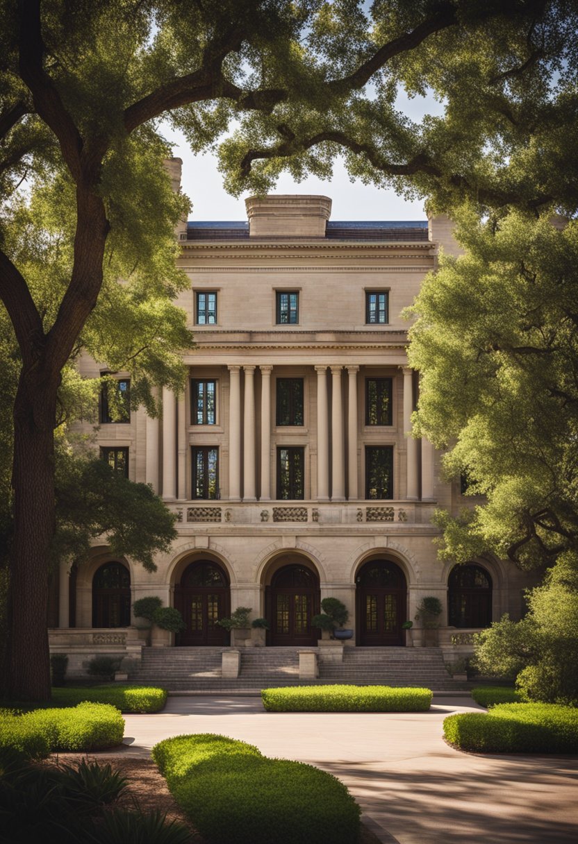 The Armstrong Browning Library and Museum in Waco, 2024, features a grand Victorian-style building with intricate architectural details and lush, landscaped gardens