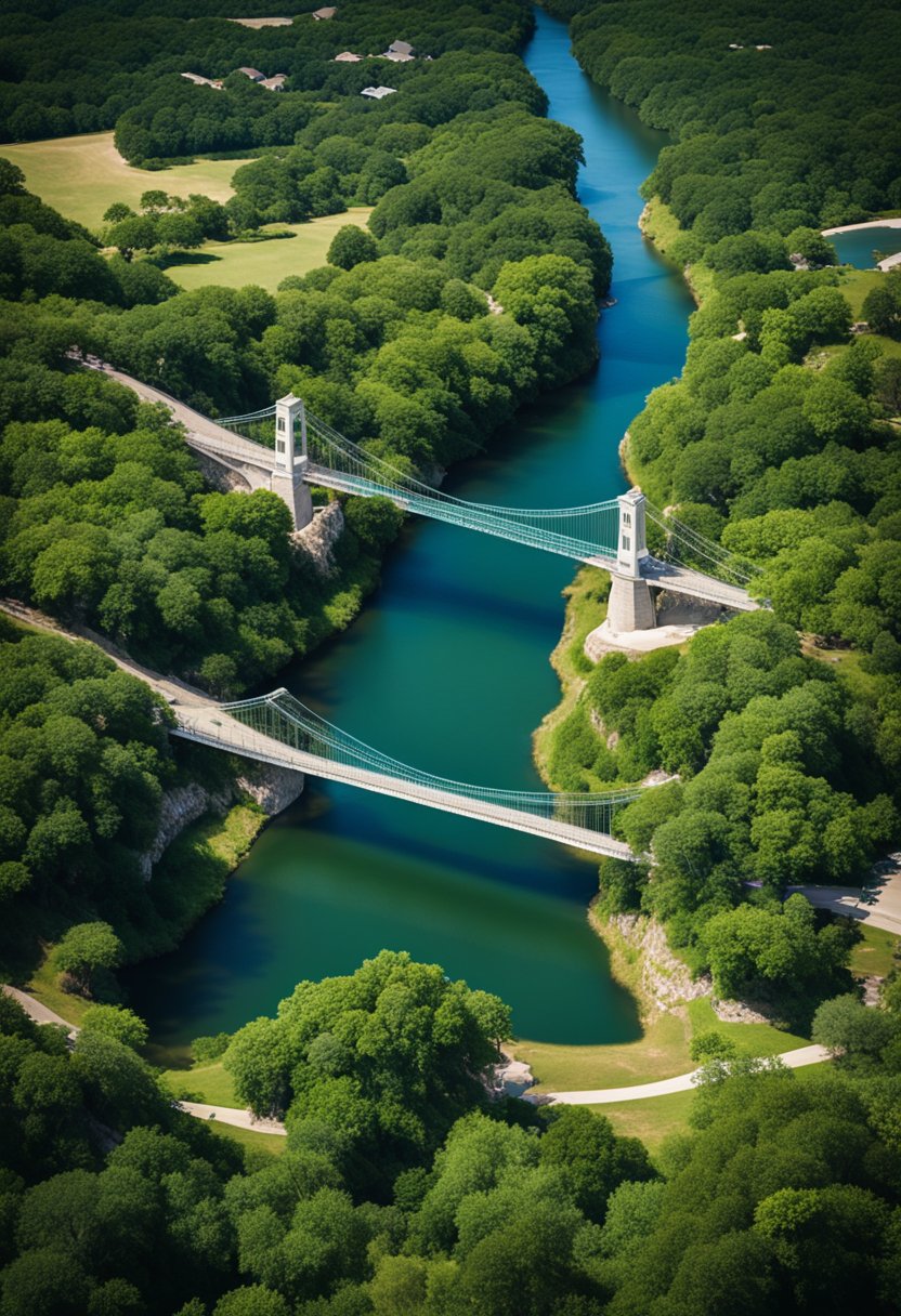 Aerial view of Cameron Park in Waco, Texas, showcasing the iconic suspension bridge, towering limestone cliffs, winding river, lush greenery, and diverse wildlife