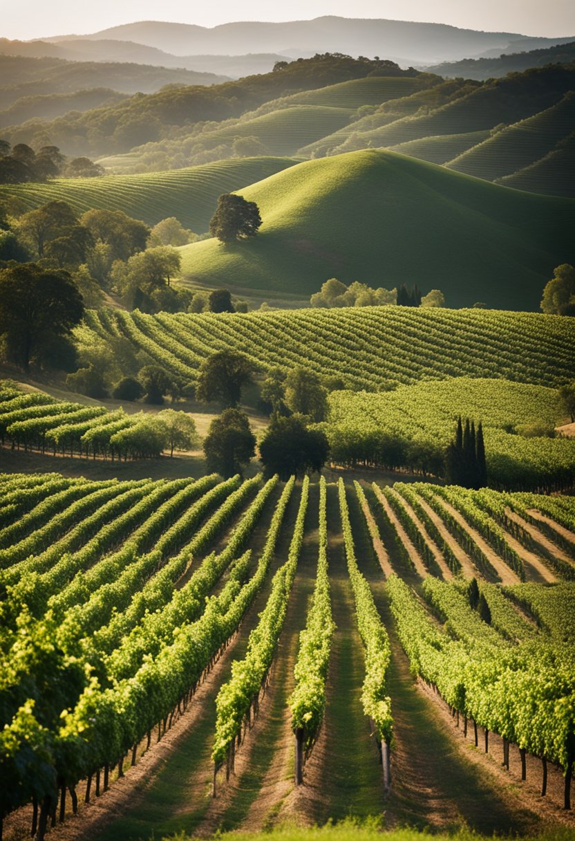 Rolling hills of lush green vineyards, with rows of grapevines stretching into the distance. A rustic winery sits nestled among the vines, with a backdrop of the picturesque Valley Mills landscape