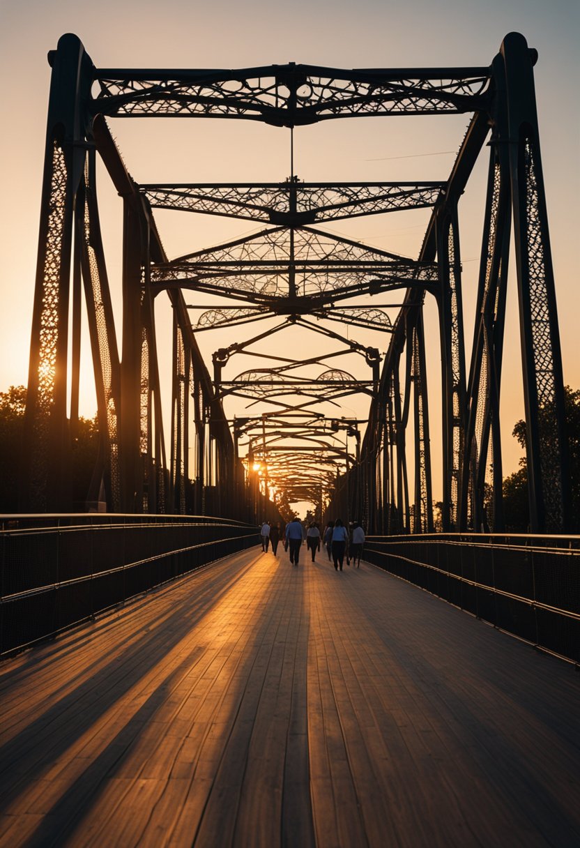 The sun sets behind the iconic Waco Suspension Bridge, casting a warm glow on the historic structure as visitors stroll along the pedestrian walkway