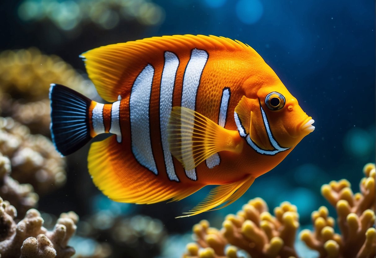 A flame angelfish swims gracefully among vibrant coral, its bright orange and yellow scales shimmering in the clear blue water