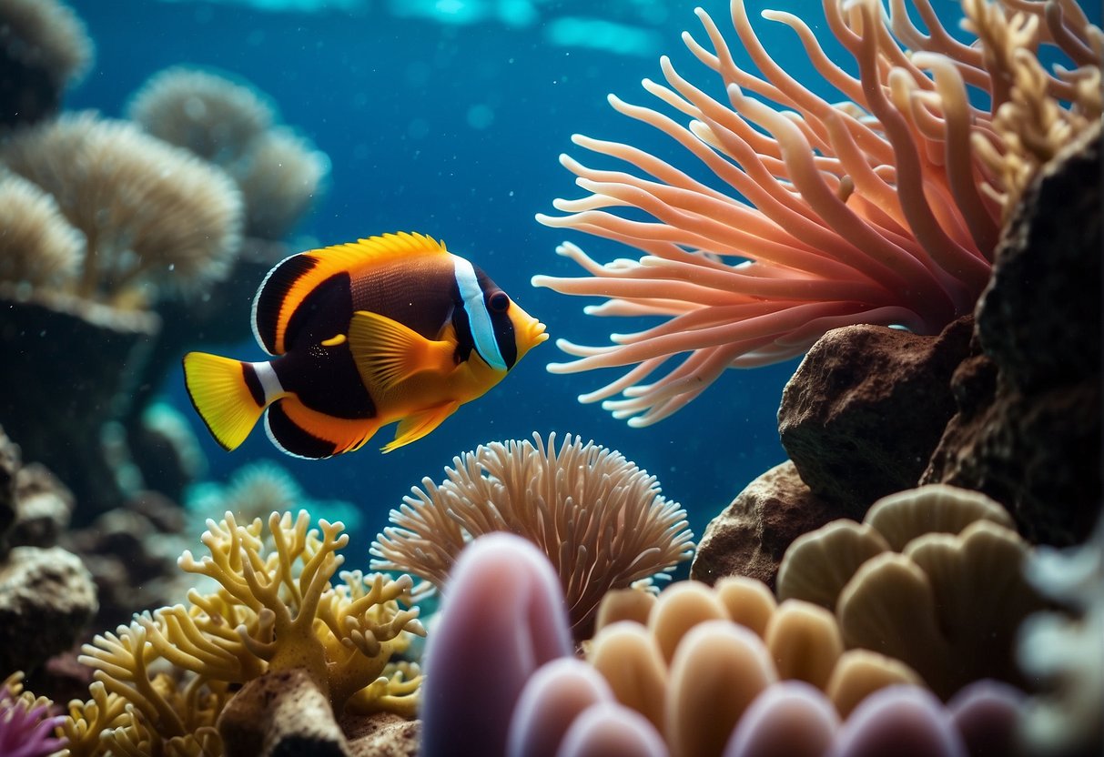 A vibrant coral reef with a school of flame angelfish swimming among colorful sea anemones and waving sea fans