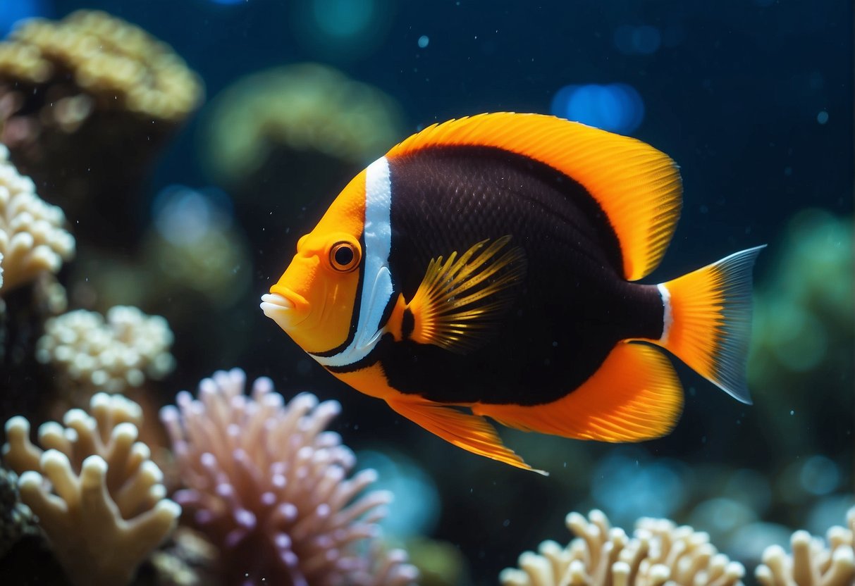 A flame angelfish swims gracefully among vibrant coral and sea anemones in a well-maintained aquarium
