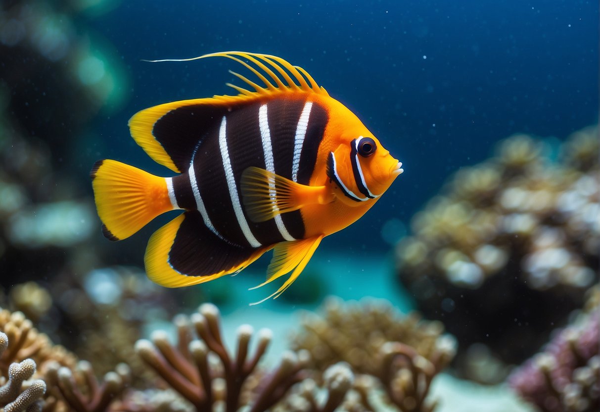 A flame angelfish swims gracefully among coral, displaying peaceful behavior and compatibility with other marine life