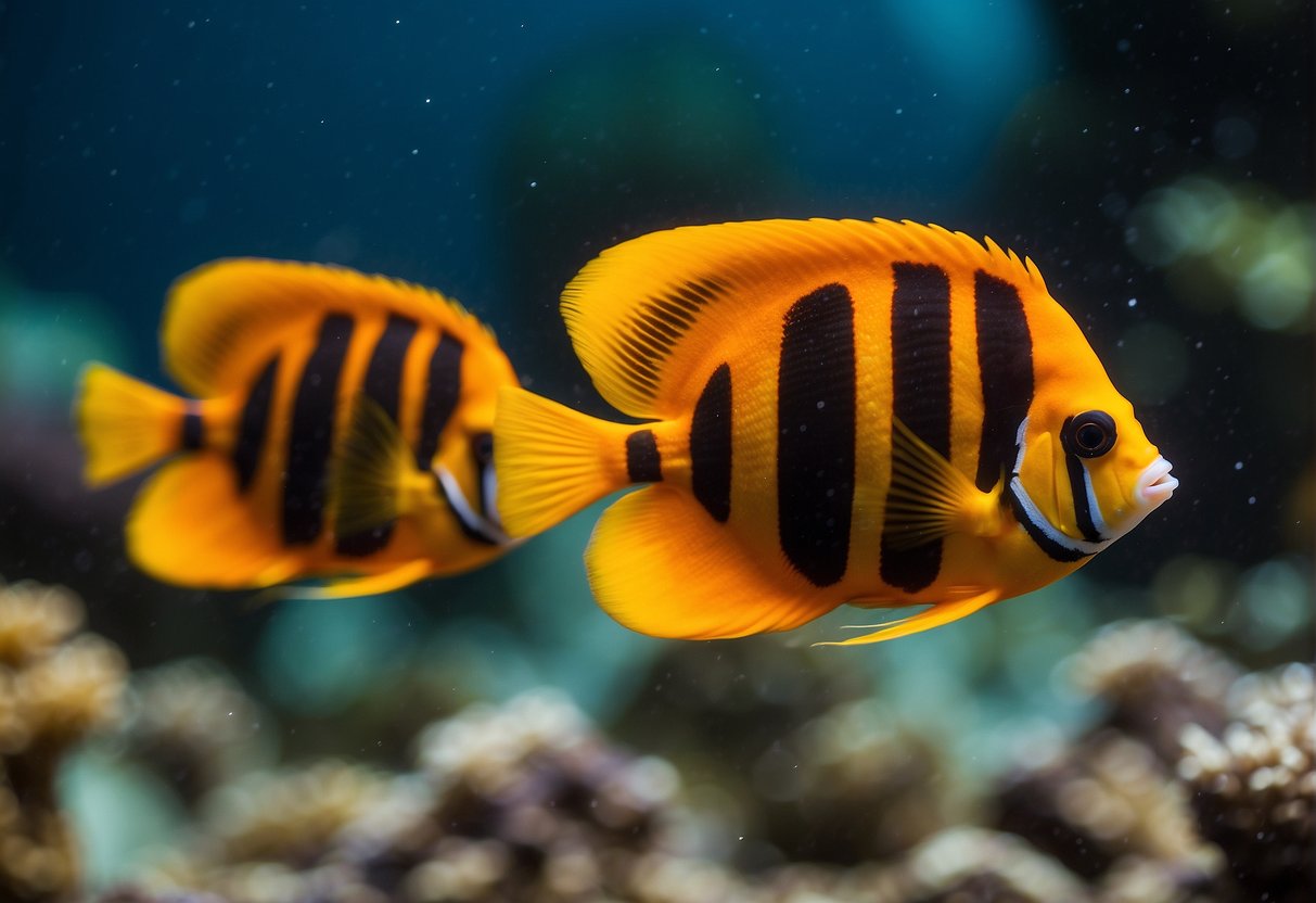 Flame angelfish swimming in pairs, circling and nipping at each other. Bright orange and yellow colors with distinctive vertical black stripes