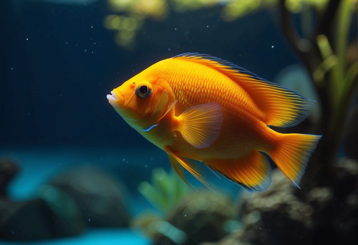 A hand reaches into a tank, selecting a vibrant Flame Angelfish. The fish swims gracefully, its bright colors catching the light