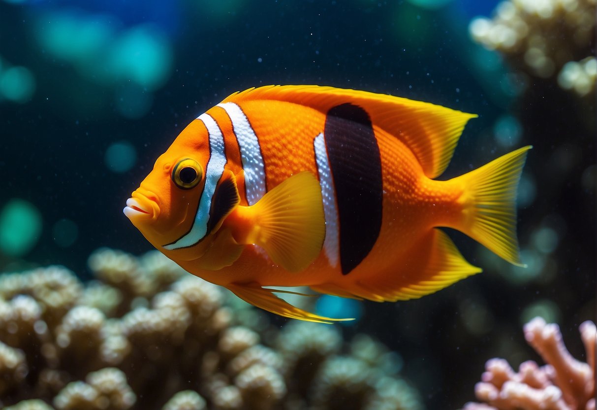 A flame angelfish swims gracefully among vibrant coral, surrounded by other colorful marine life. Ethical considerations are evident in the presence of protected species and sustainable fishing practices