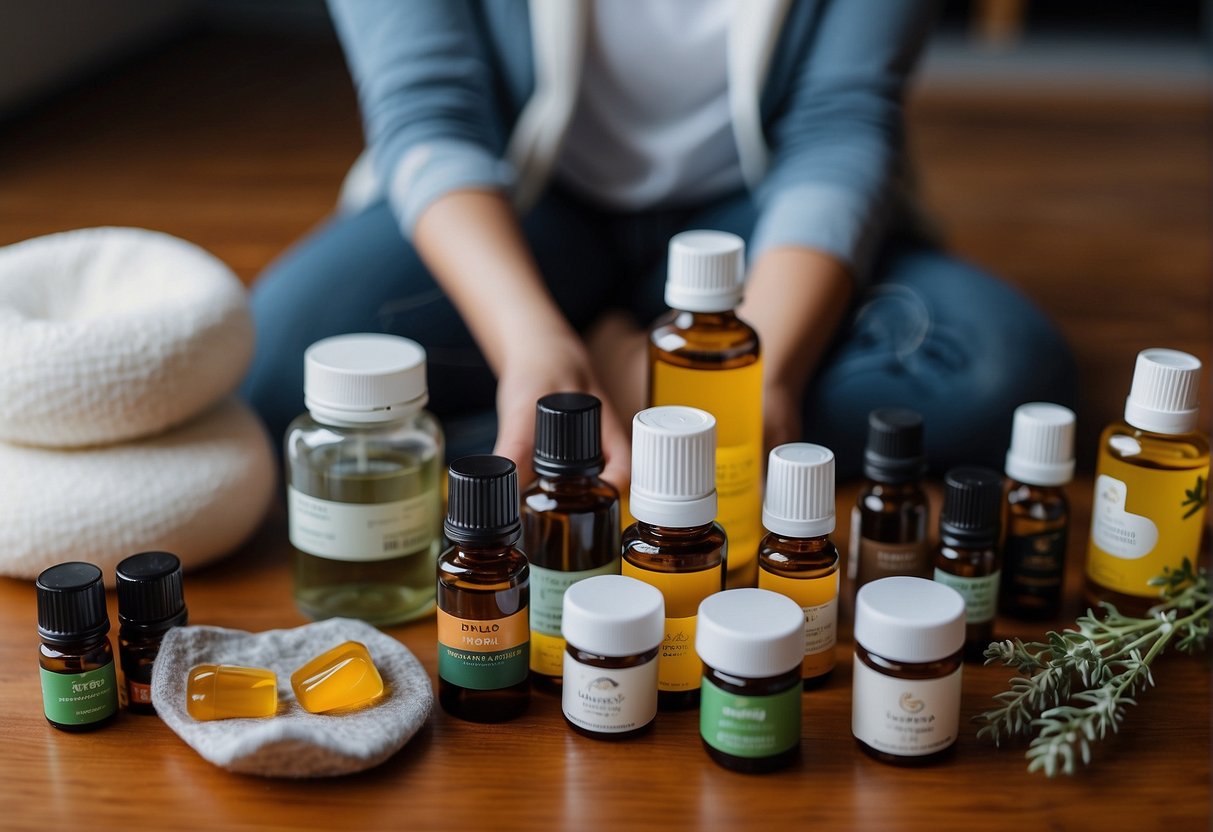 A person sitting cross-legged, surrounded by essential oils, heating pads, and herbal supplements for leg pain relief