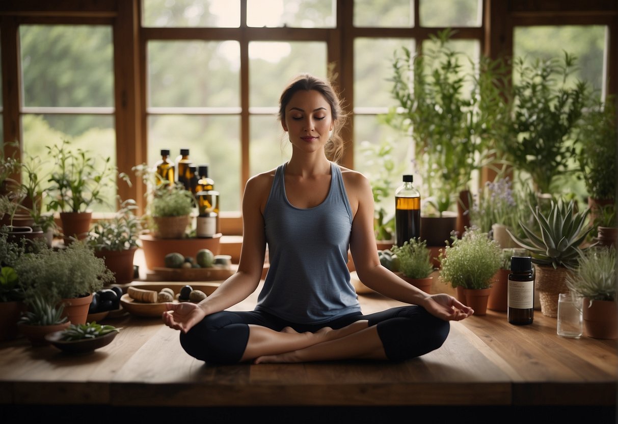 A person doing yoga, surrounded by natural remedies like herbs and essential oils, to alleviate leg pain