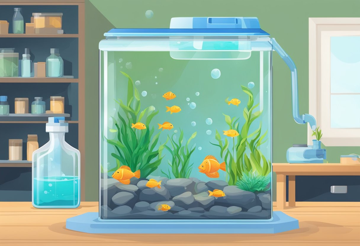 Clear aquarium water, test kit, and water conditioner on a table. Fish swimming happily in a clean, well-maintained tank