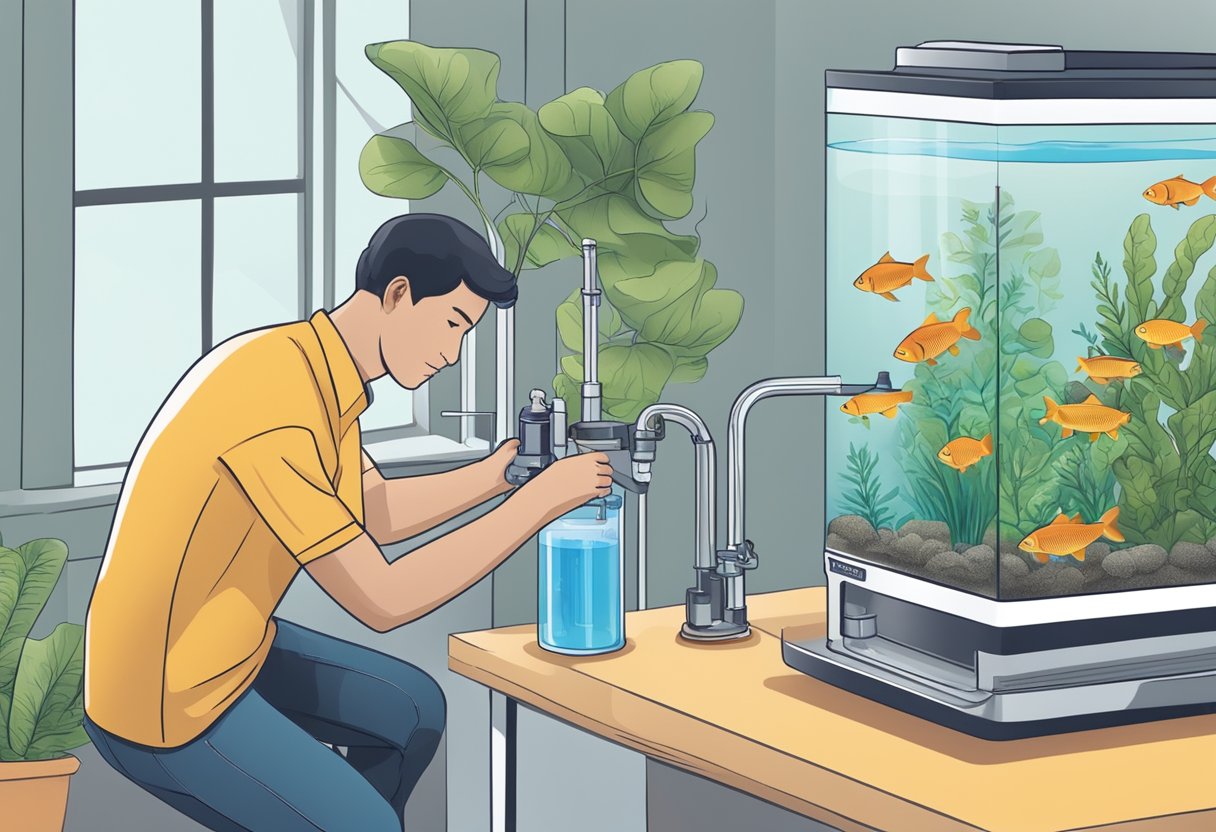 A person adjusting a water filter in a fish tank, testing water quality, and adding appropriate chemicals to maintain optimal conditions for the fish