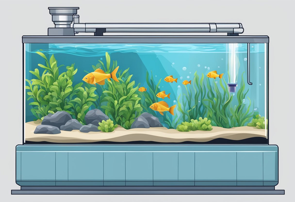 A fish tank with clear, clean water and a functioning filtration system. Testing kits and water conditioners nearby