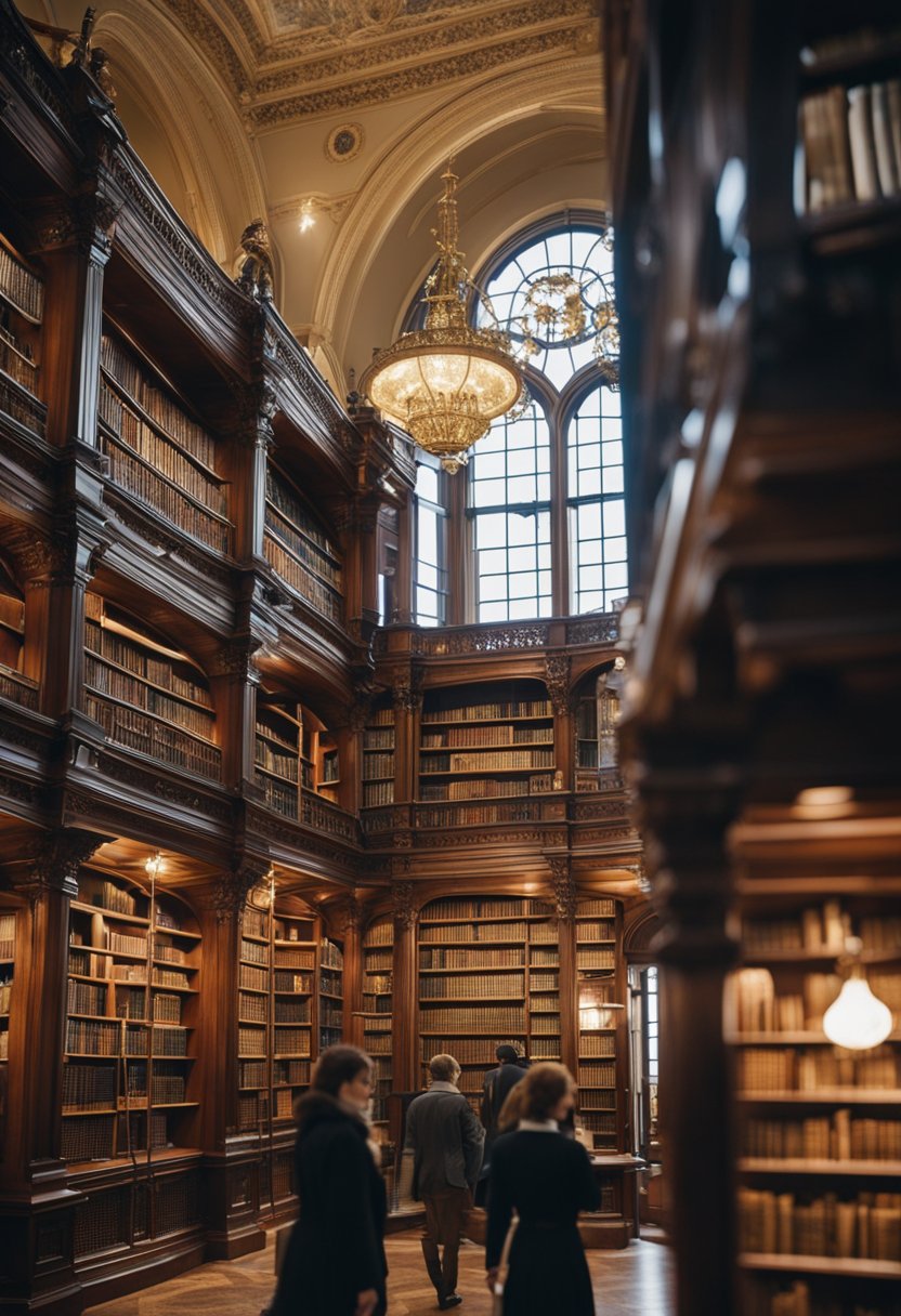 Visitors explore the grand Victorian-style library, admiring the ornate bookcases and historical artifacts on display