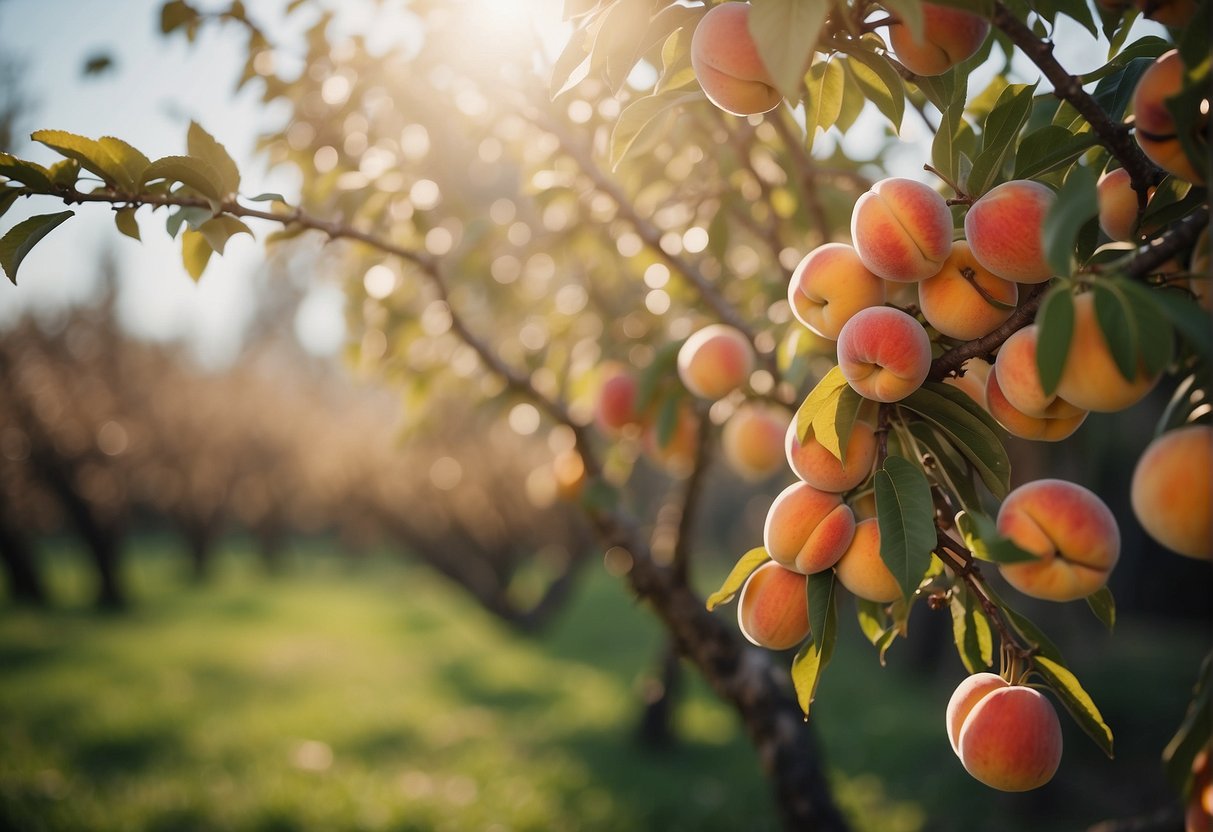 Peach trees with curled leaves, surrounded by fallen leaves and fruit