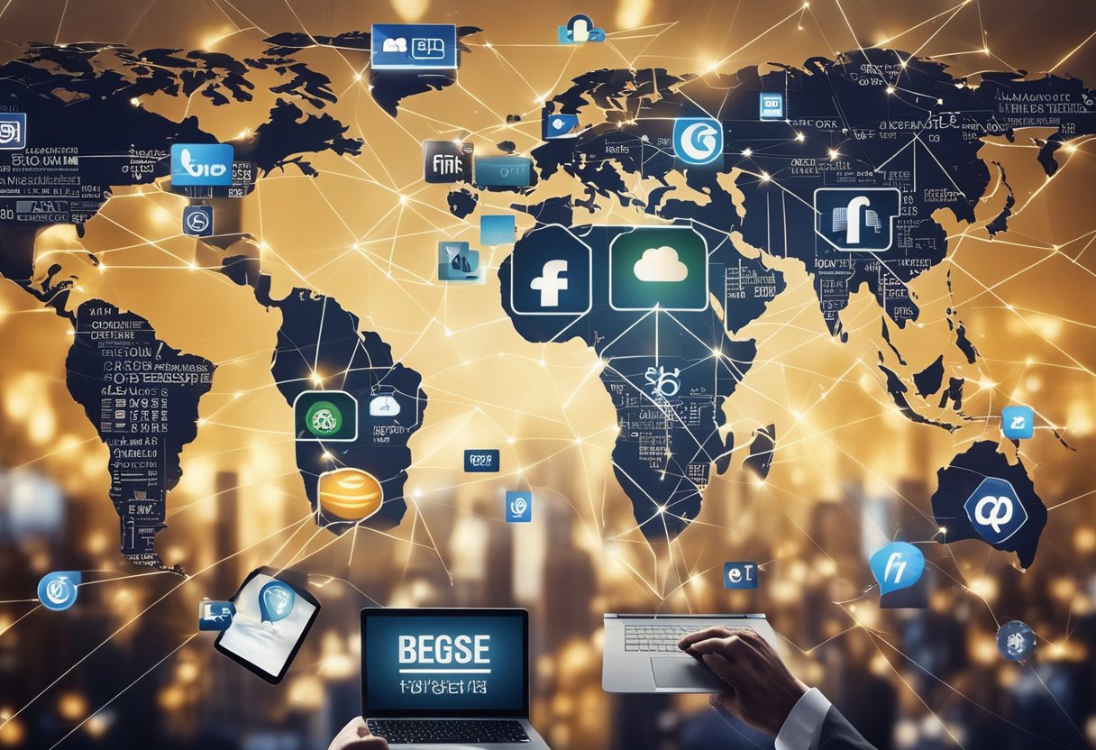 Global companies using marketing strategies to gain international recognition. Brand logos, social media campaigns, and global advertising featured prominently