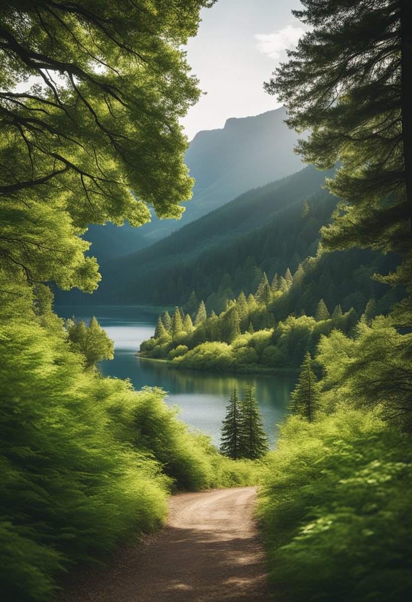 Lush greenery surrounds a winding trail, leading to a serene lake. Towering trees and rugged terrain create a picturesque setting for an outdoor adventure