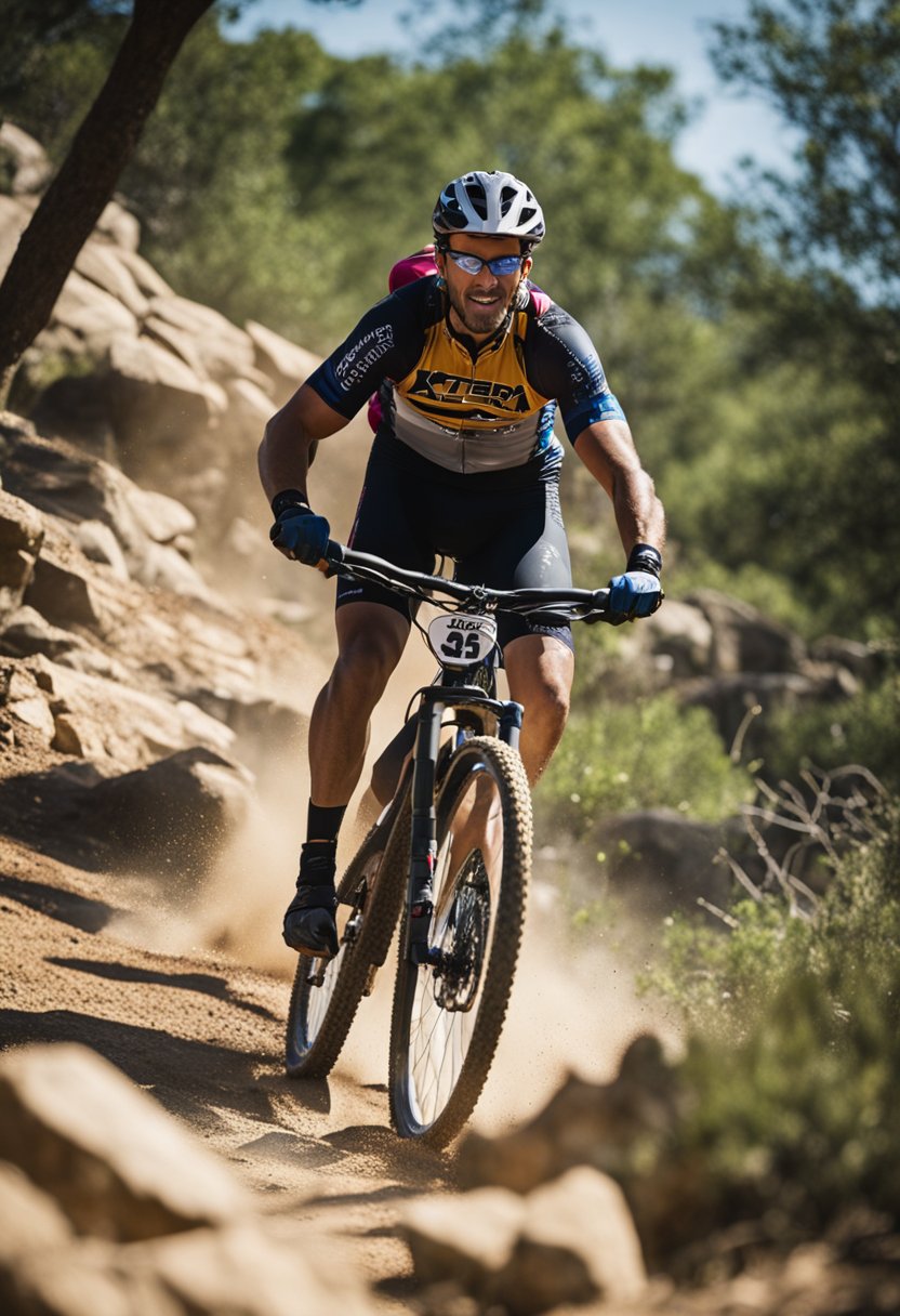 Mountain bikers race through rugged terrain at XTERRA Cameron Park, Waco. Spectators cheer from the sidelines as athletes conquer challenging obstacles