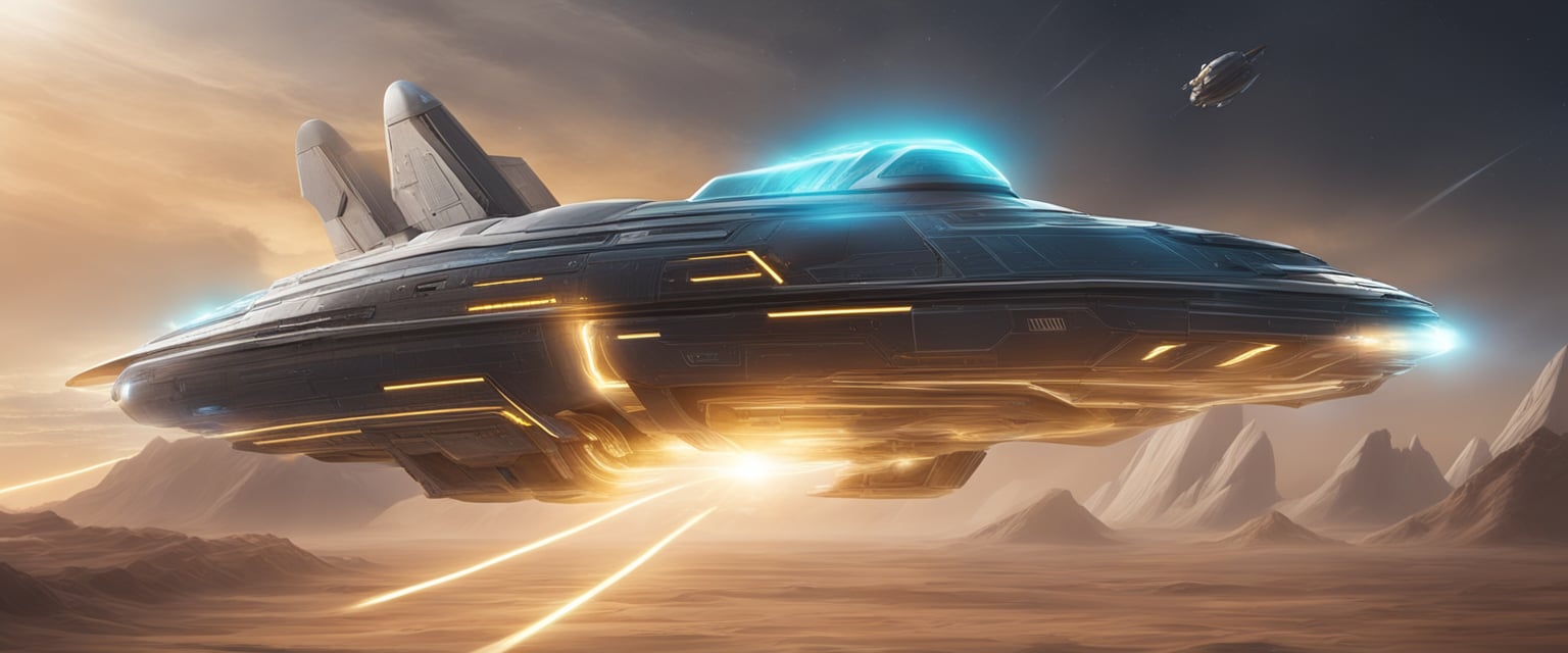 A spaceship hurtles towards a bright, glowing barrier, its engines straining against the impossible speed limit of light