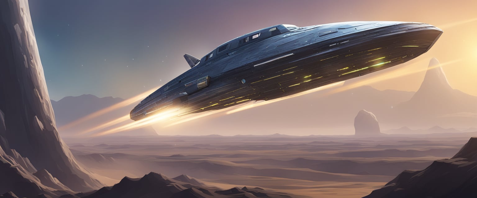 A spaceship approaching a bright barrier, unable to break through