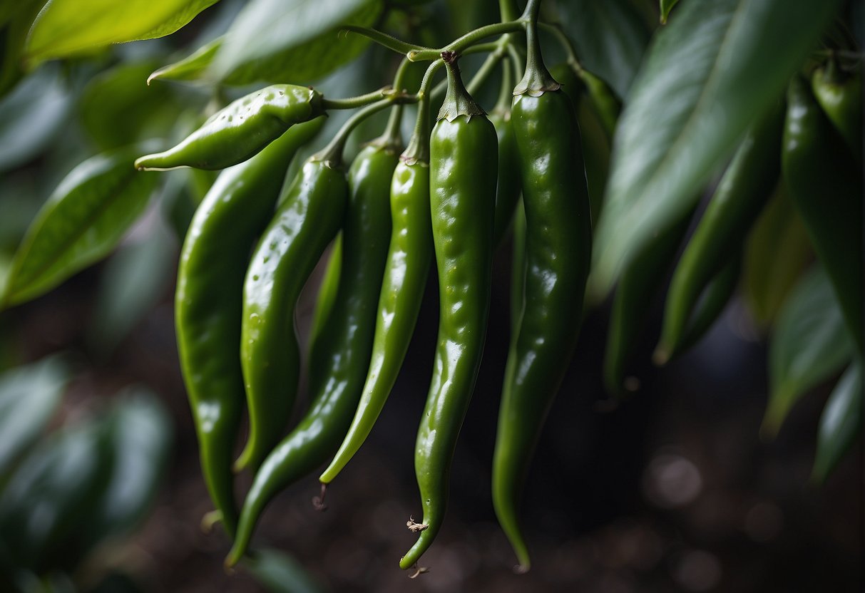 Green chillies on a plant turning black, surrounded by healthy leaves and stems