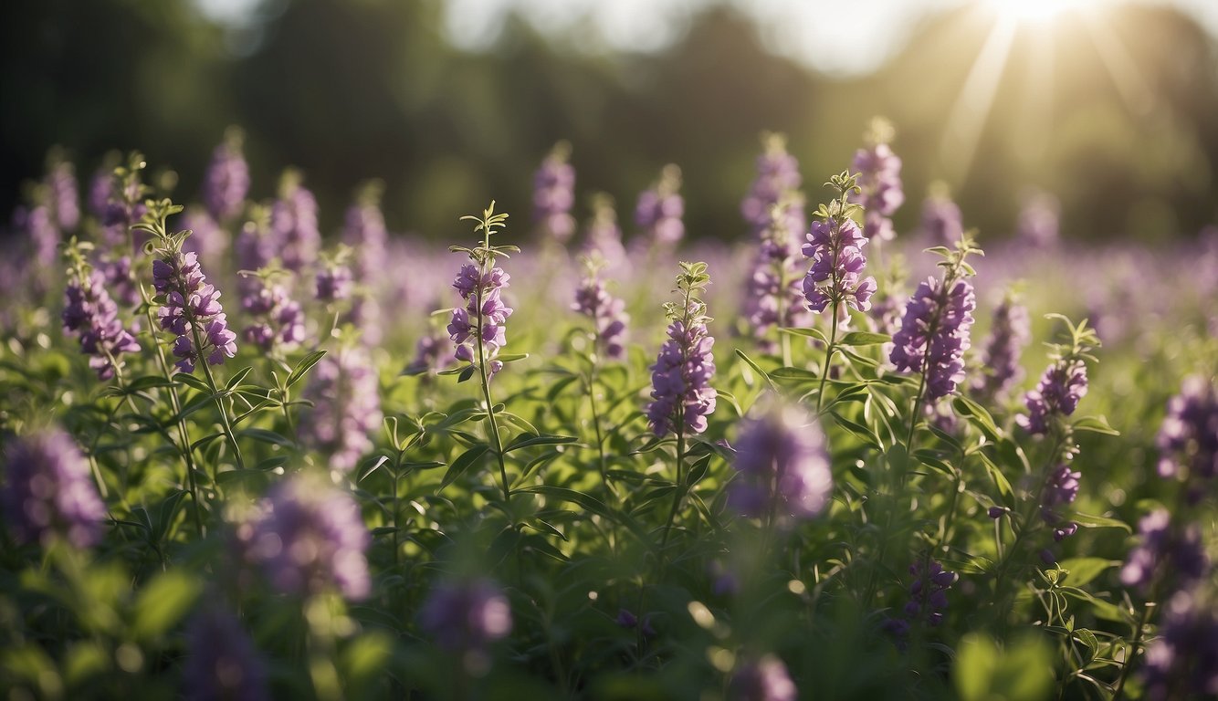 Lush green alfalfa plants sway in the breeze, with delicate leaves and purple flowers reaching towards the sun