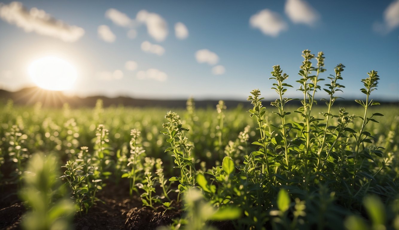 Alfalfa plants grow tall in a field, reaching towards the sun