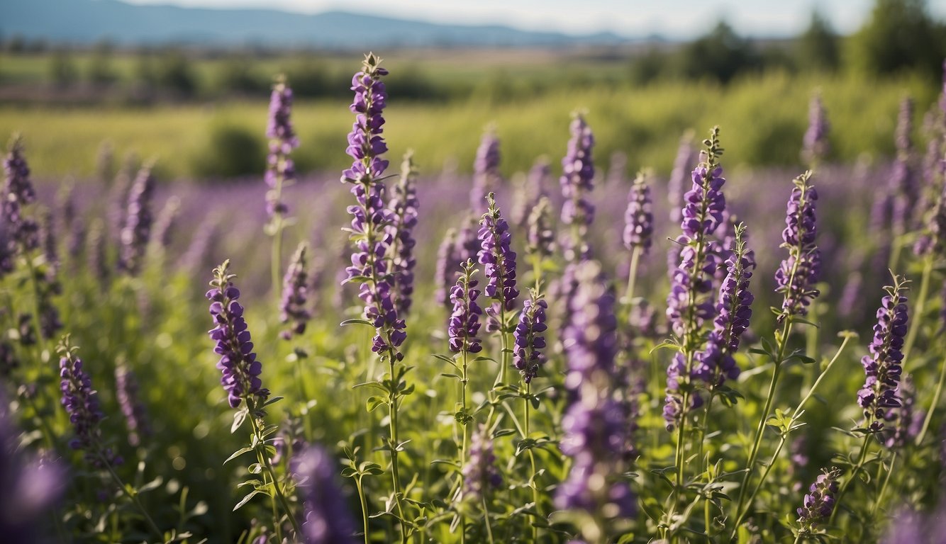 Lush green alfalfa fields stretch across the landscape, basking in the warm sunlight, with bees buzzing around the vibrant purple blooms