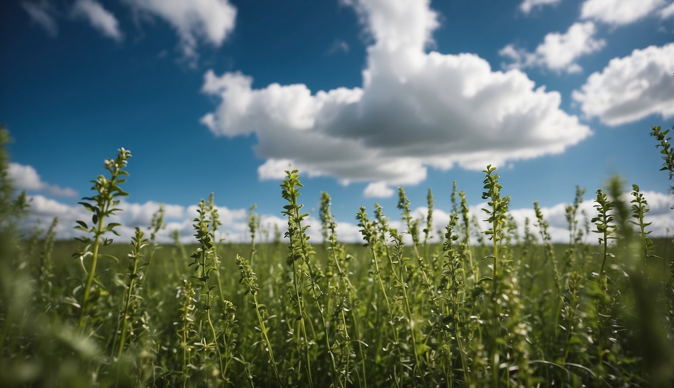 A field of tall alfalfa plants swaying in the breeze, with a clear blue sky and a few fluffy white clouds overhead