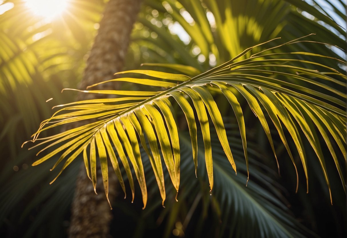 Palm fronds glow yellow under the sun, their vibrant color fading to reveal the natural aging process of the plant